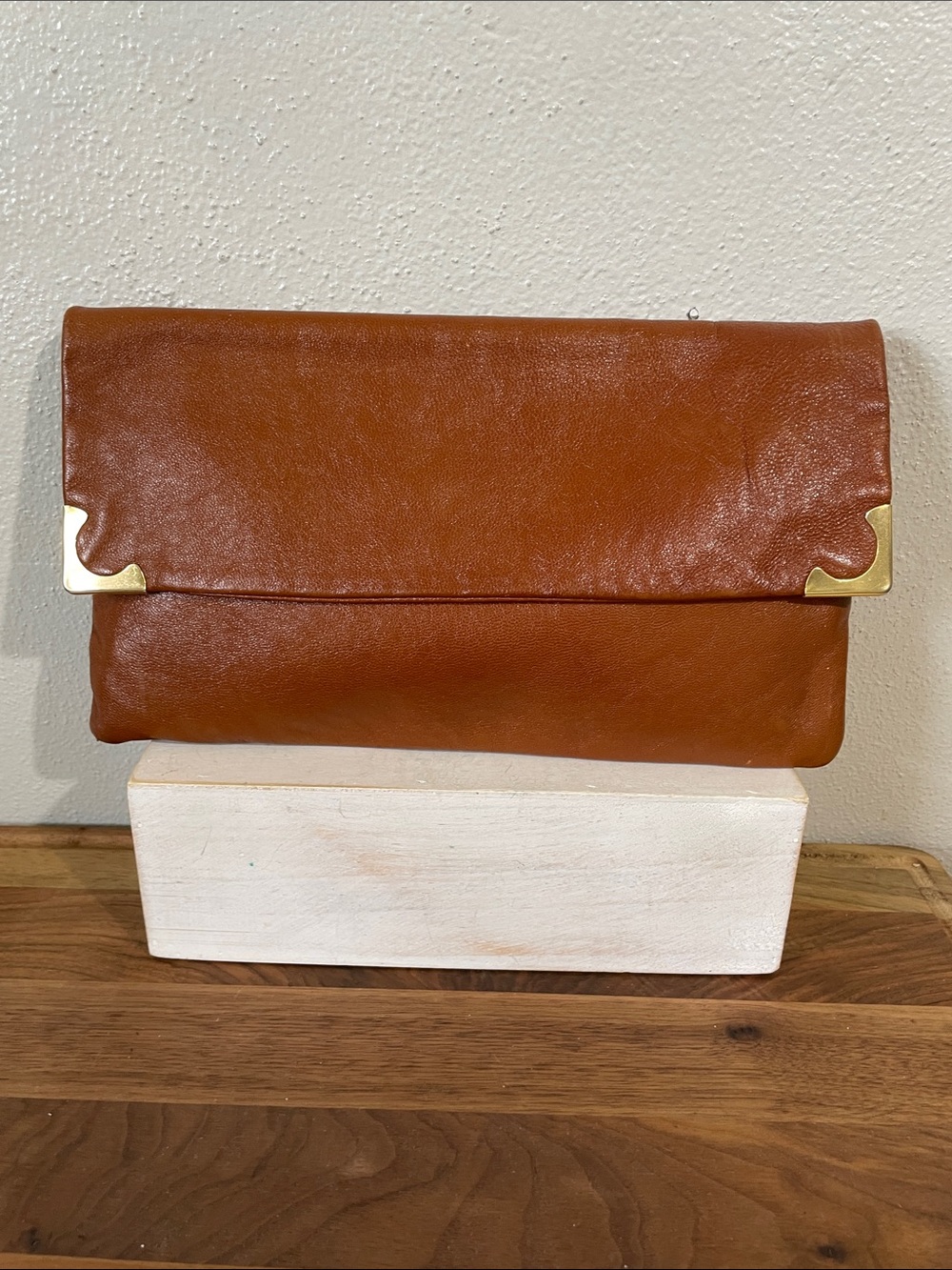 Clubhouse Brown Leather Foldover Clutch Purse Made In Italy Envelope Handbag